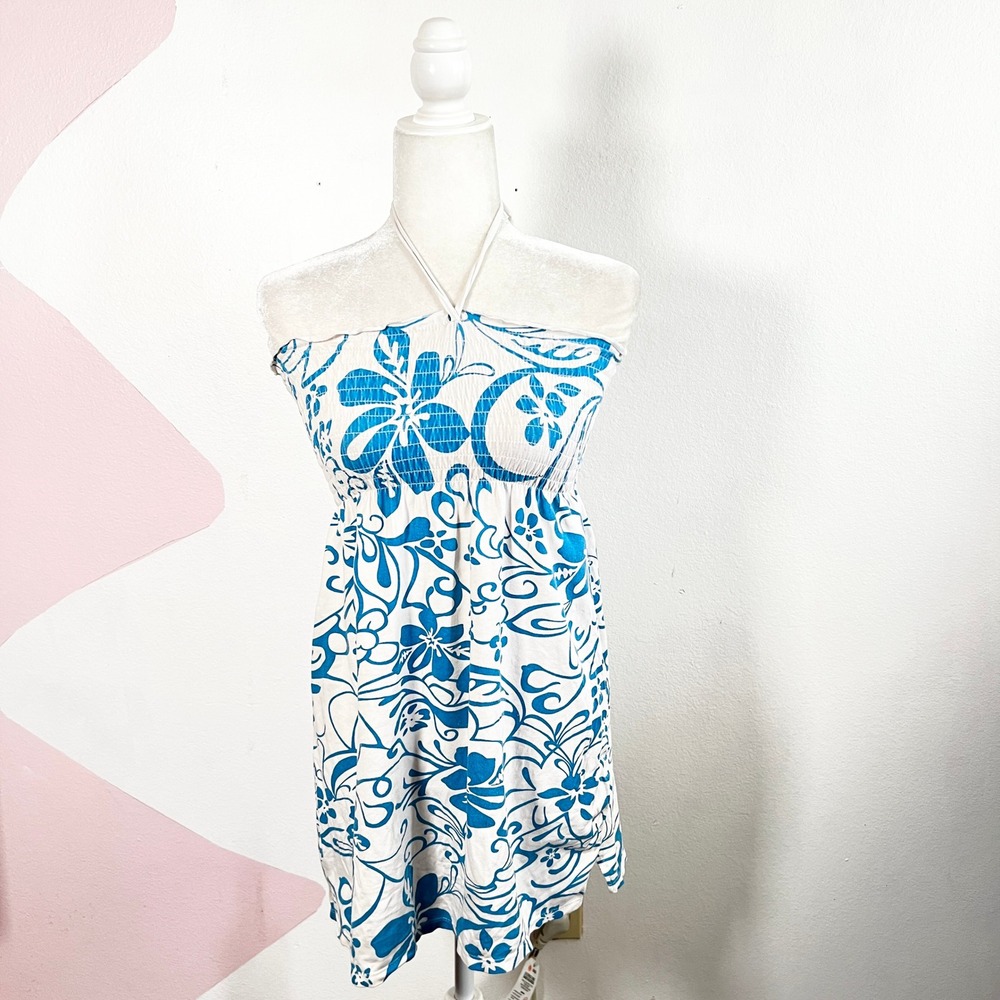 Vtg Y2K Halter Mini Dress Womens Medium Blue Tropical Hibiscus Zara‎ Larsson